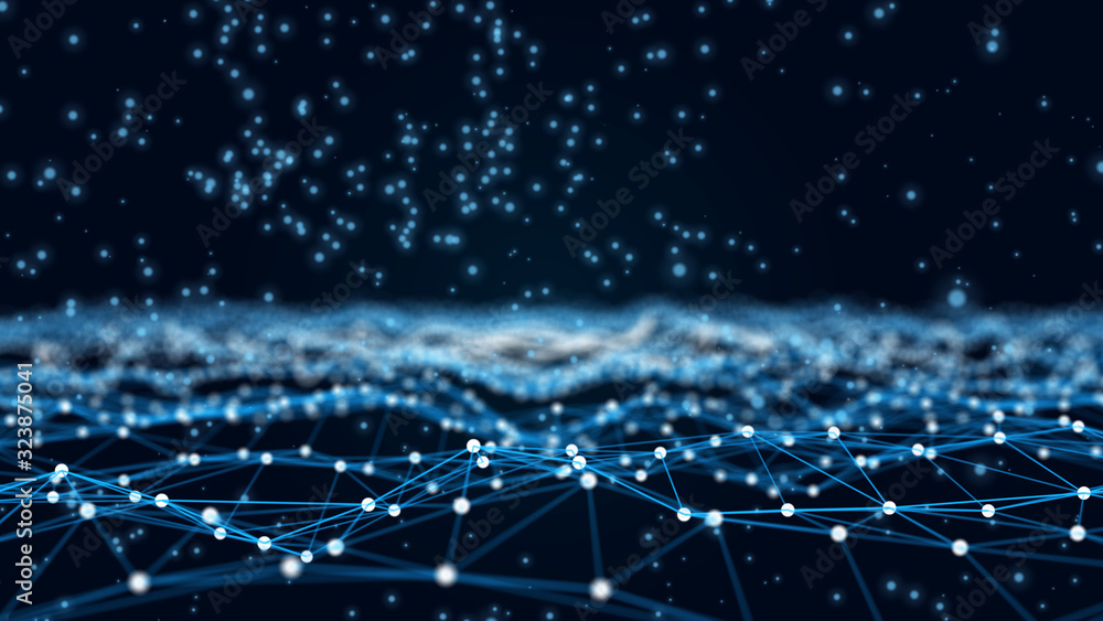 Obraz premium Abstract wave. Connecting dots and lines on dark background. Data technology background. 3d rendering. Network connection.