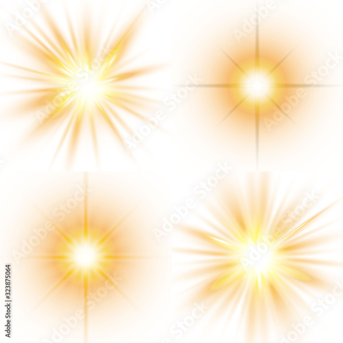 Set of bright stars. Sunlight translucent special design light effect on a white background. Vector illustration.