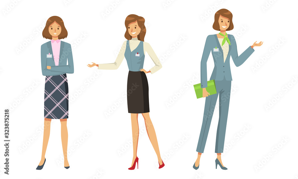 Set of women administrators in uniform during work vector illustration Set of women administrators in uniform during work vector illustration