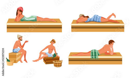 Set of people in towels relaxing in bathhouse vector illustration