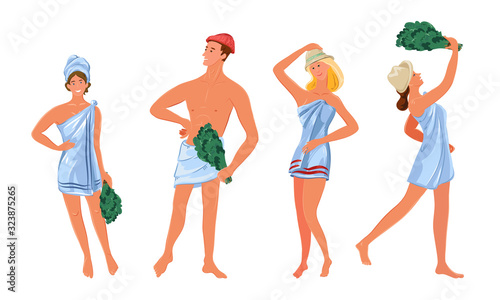 Set of people in towels enjoying bathhouse vector illustration