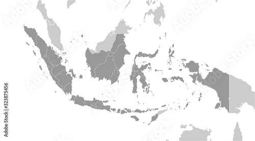Vector modern illustration. Simplified grey geographical  map of Indonesia and neighboring countries (Malaysia, Brunei and etc). White background. Border of Indonesian provinces