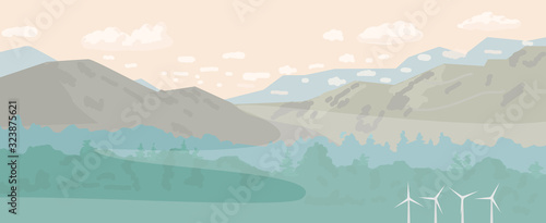 Fototapeta Naklejka Na Ścianę i Meble -  Foggy mountains with forest and wind mills landscape horizontal panorama. Hand drawn vector illustration.