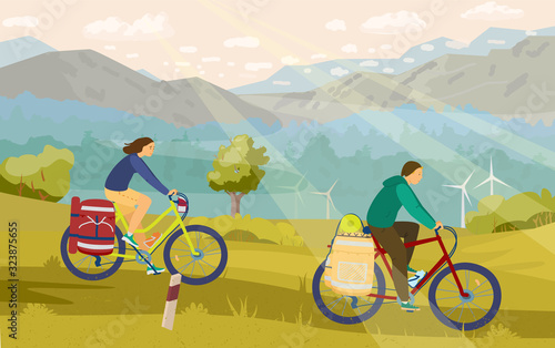 Young couple in mountain bike camping with great view on the background. Cyclists with back packs in biking travel. Mountains and forest, windmills landscape. Go wild. Hand drawn vector illustration.