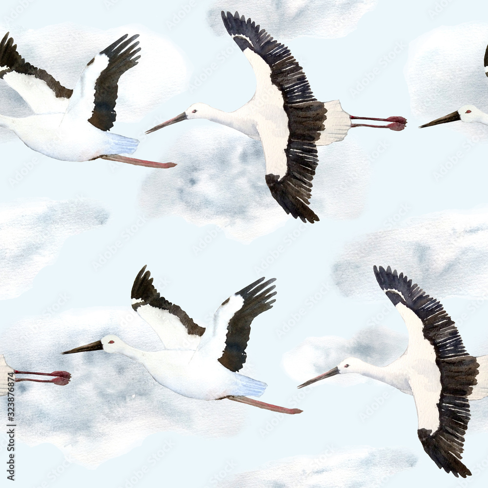 watercolor hand drawn seamless pattern with oriental stork crane flying ...