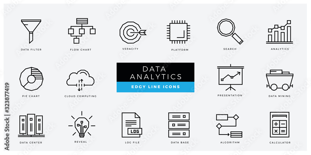 Data Analytics an AI icon set - minimal thin outline, web icon and symbol collection – Data filter, veracity, platform, analytics, cloud computing, mining, reveal. Simple edgy vector illustration. - obrazy, fototapety, plakaty 