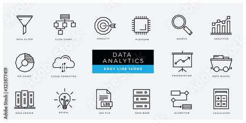 Data Analytics an AI icon set - minimal thin outline, web icon and symbol collection – Data filter, veracity, platform, analytics, cloud computing, mining, reveal. Simple edgy vector illustration.