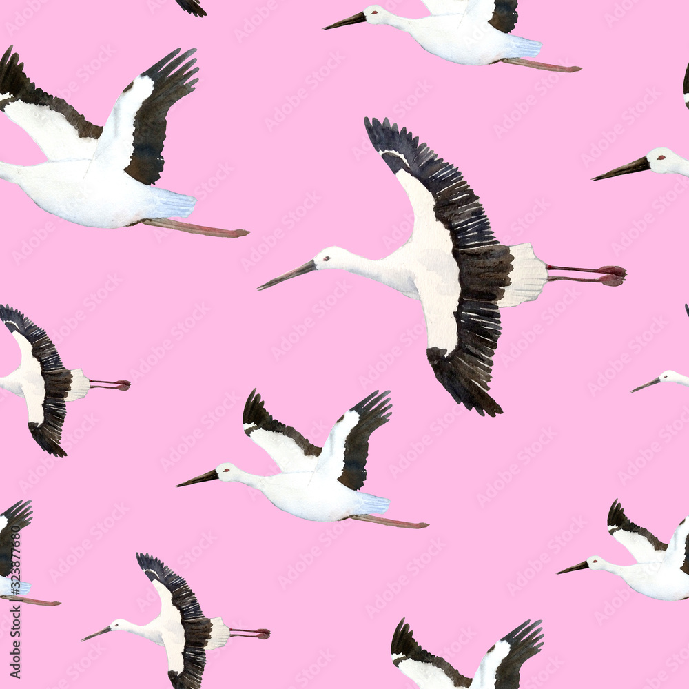 Obraz premium watercolor hand drawn seamless pattern with oriental stork crane flying sky neutral calm soft natural colors grey pink white endangered species birds animals nature lovers new born baby it is a girl