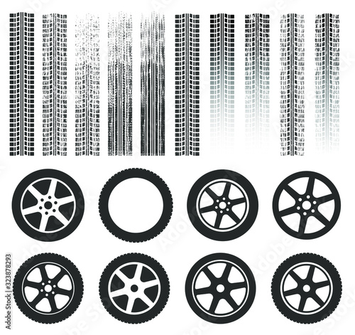 Seamless car tire braking print pattern brush stroke. Truck Wheel track grunge texture. Vector illustration image. Isolated on white background. Traffic transportation road background graphic