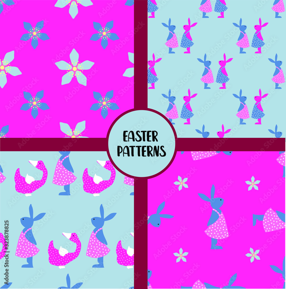 EASTER SEAMLESS PATTERNS. set of abstract vector paper with decorative flowers, shapes and symbols of easter day. EASTER SEAMLESS PATTERNS. set of abstract vector paper with decorative flowers, shapes and symbols of easter day.