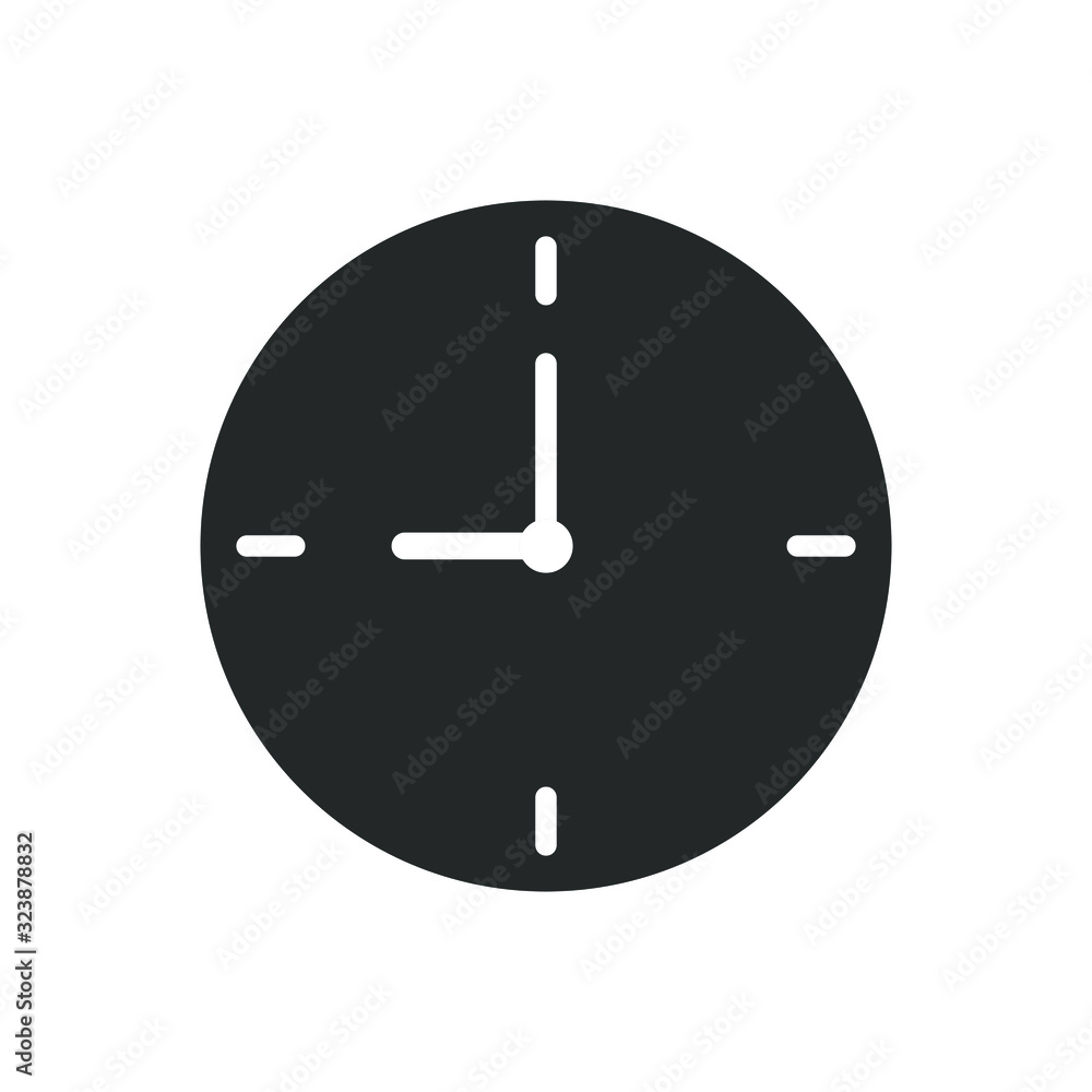 Clock icon symbol. Simple shape sign. Time logo. Black silhouette isolated on white background. Vector illustration image. Clock icon symbol. Simple shape sign. Time logo. Black silhouette isolated on white background. Vector illustration image.