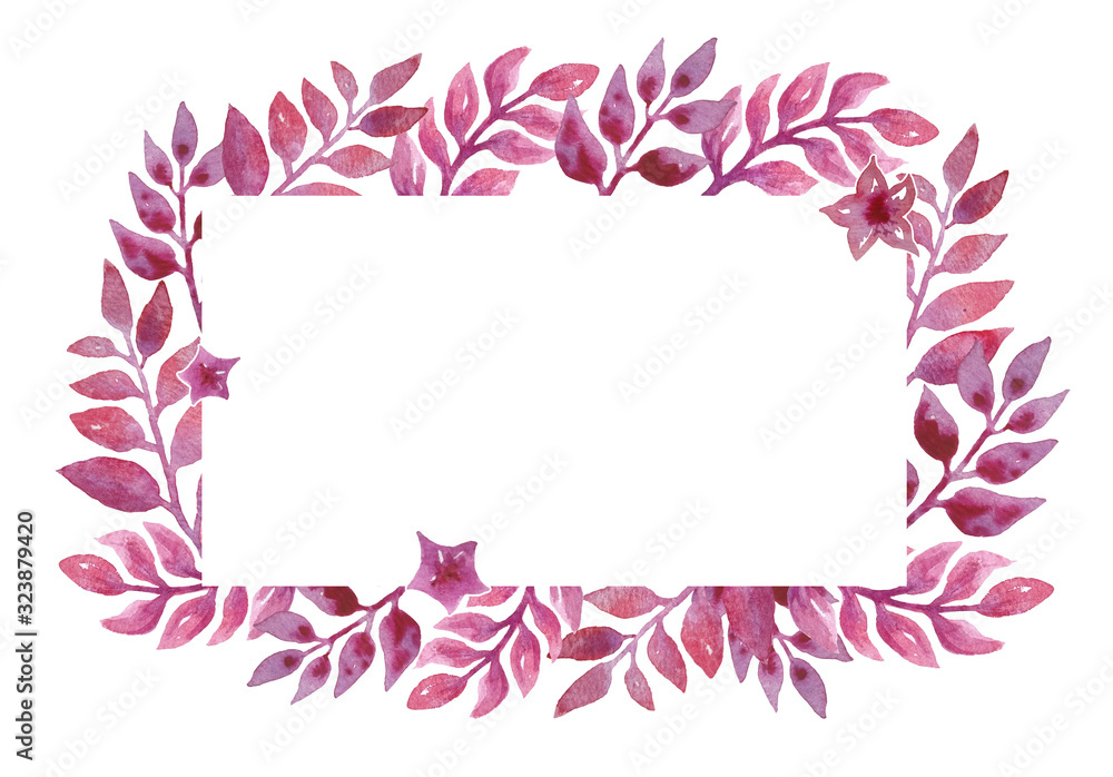 hand drawn watercolor rectangular frame with purple lilac lavender violet leaf leaves flowers botanical illustration vibrant bright intense colors for wedding save the date cards invitations romantic