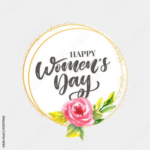 Woman s Day text design with flowers and hearts on square background. Vector illustration. Woman s Day greeting calligraphy design in pink colors. Template for a poster  cards  banner.
