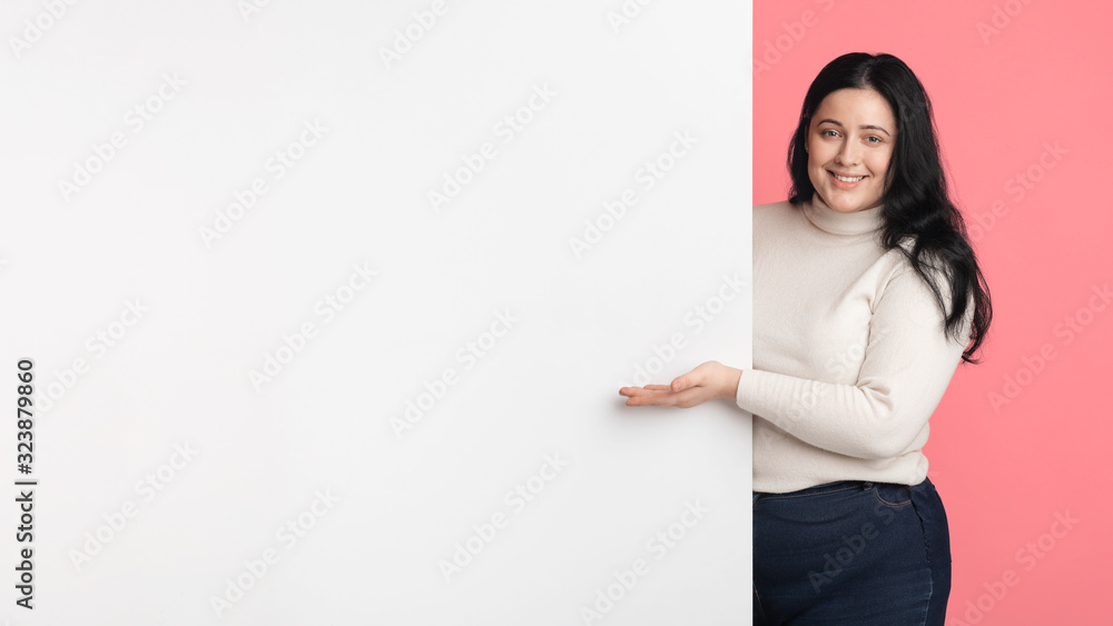 Beautiful Plus Size Girl Pointing At Blank White Advertisement Board Beautiful Plus Size Girl Pointing At Blank White Advertisement Board