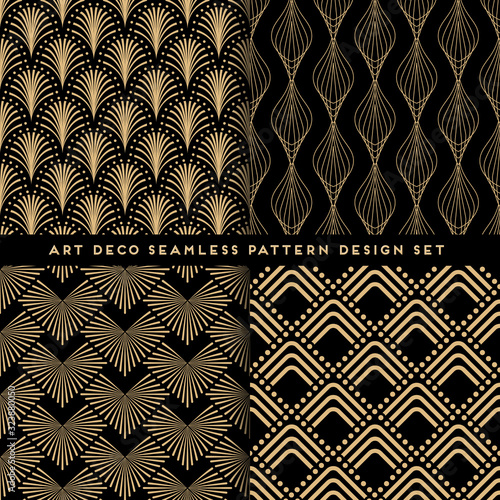 Art deco style seamless pattern design set - golden line repeat patterns on black background