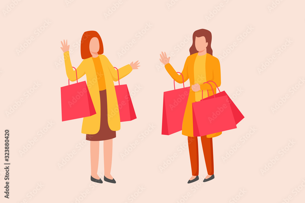 two woman with a lot of shopping bag happy talking and discussion