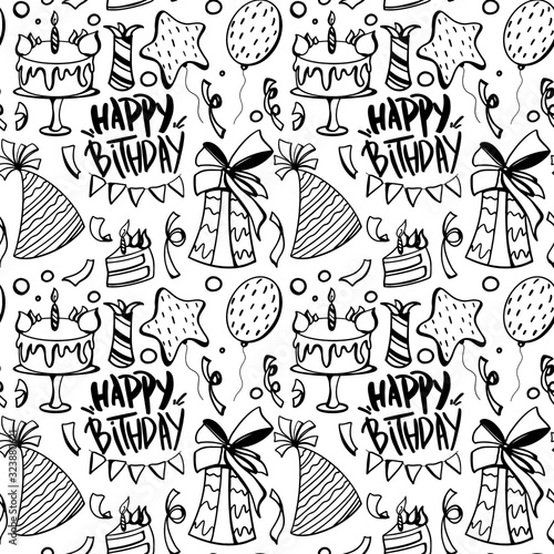 Digital art doodle outline seamless birthday pattern with cake, confetti on a white background. Print for wrapping paper, cards, banners, web design, fabrics, gift bags and boxes.