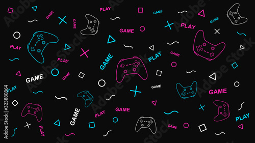 Game background with gamepad and graphic elements. Joystick sign. Outline design vector illustration.