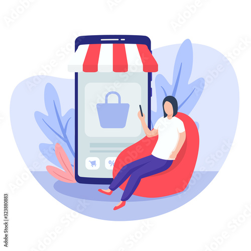 woman sit on bean chair bag for mobile shopping home concept with modern flat style