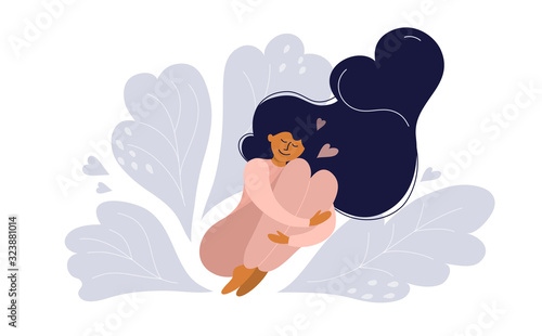 Self care, love your body. Cute girl in pink pajamas smiling and hugging her legs. Vector illustration of young woman with heart shaped long hair. Body positive poster. Slow life, healthcare concept