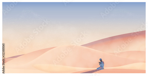 Vector Panorama of Muslim Man Making Traditional Prayer To God in Ramadan celebration Panoramic scene of traveler Muslim life in the desert. cartoon vector of Muslim,dust,sand,desert and blue sky.