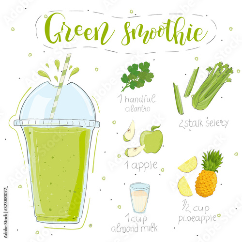 Green smoothie recipe. With illustration of ingredients. Doodle style