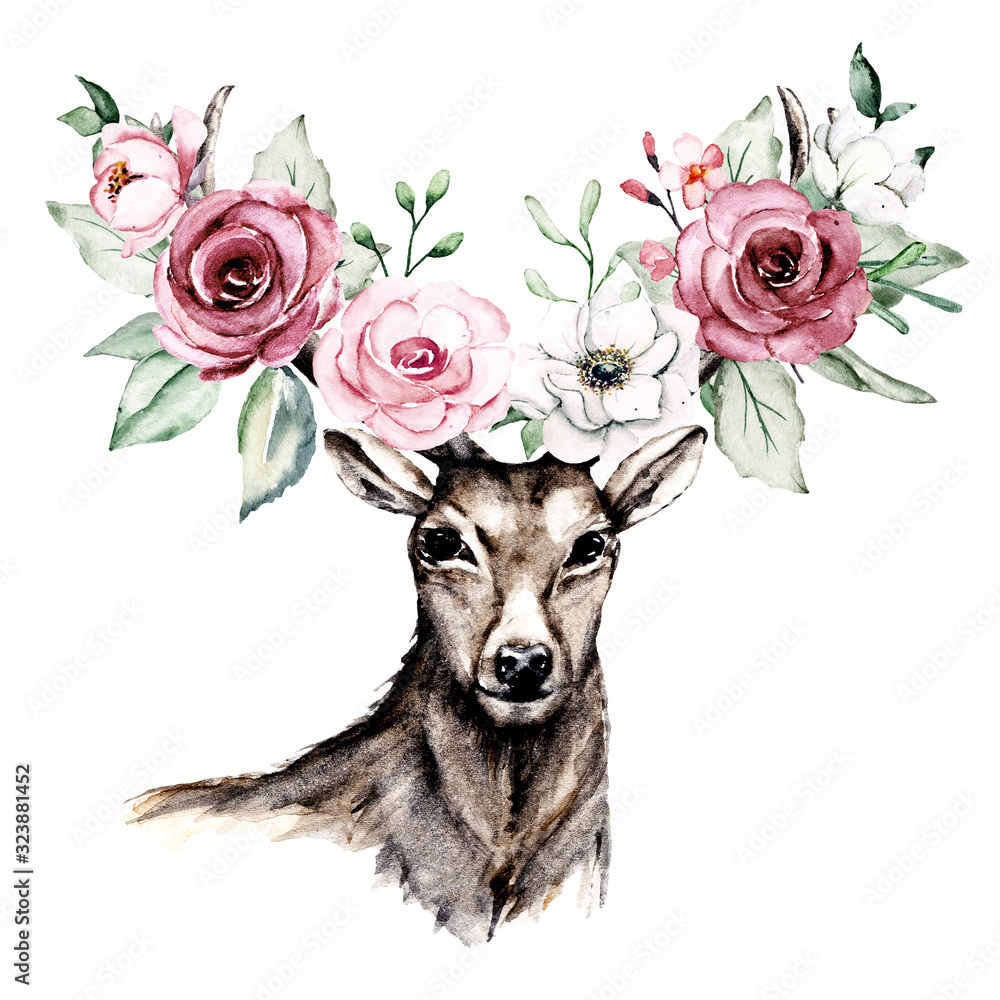 Obraz Deer with watercolor flowers and leaf. Wildlife, animal illustration. Isolated on white. Hand drawing decoration for children's parties, for print on cards, tattoo and other.