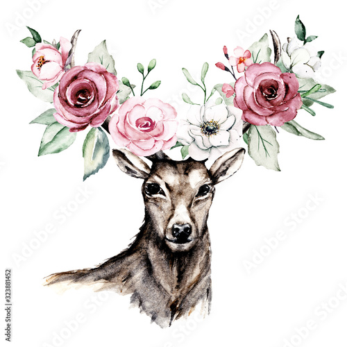 Obraz na płótnie Deer with watercolor flowers and leaf. Wildlife, animal illustration. Isolated on white. Hand drawing decoration for children's parties, for print on cards, tattoo and other.
