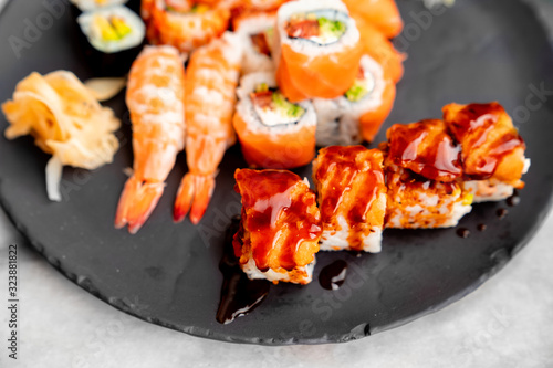 Rolls with salmon, shrimp and caviar