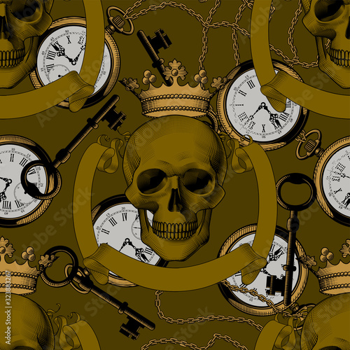 Engraving human death skull in crown. Seamless pattern.