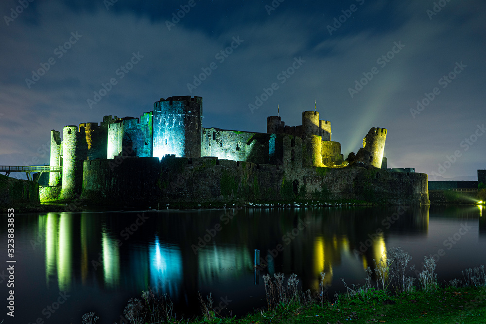 Caerphilly Castle Illuminated at Night