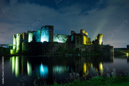 Caerphilly Castle Illuminated at Night photo