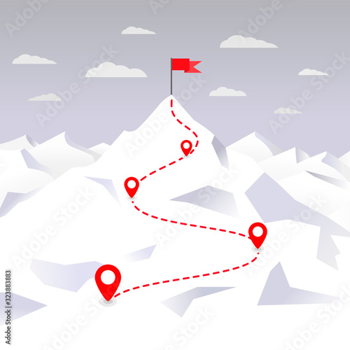 Mountain  route to peak with flag. Way to success. Way to top. Business journey path in progress to success vector concept. Mountain peak, climbing route to top rock – vector illustration