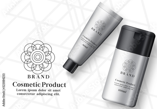 Cosmetic products vector banner set. Realistic cosmetics product or mock up of lotion and moisturizer bottle elements in white pattern background for advertising purposes. Vector illustration