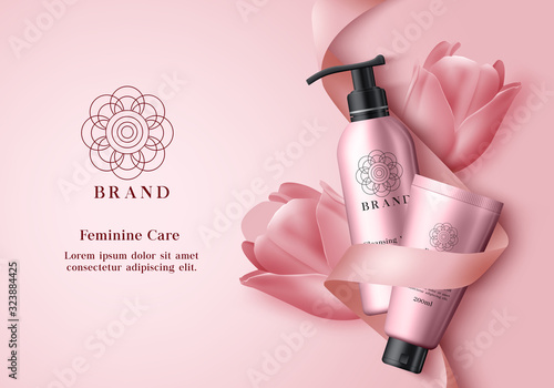 Cosmetic products vector banner template. Feminine product bottles for body skin care with pink tulip flower in elegant background design for promotional purposes. Vector illustration