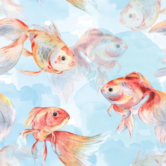 Wandcirkels Goudvis patronen Goudvissen op aquarel ondergrond  © shilovka
