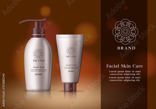 Skin care cosmetics vector banner template. Facial cosmetic products of facial wash and cream bottle in elegant background design for promotional purposes. Vector illustration