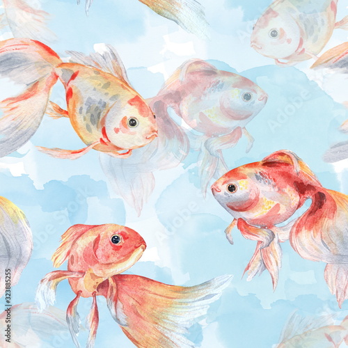 Goldfish. Seamless watercolor pattern on a watercolor background © shilovka
