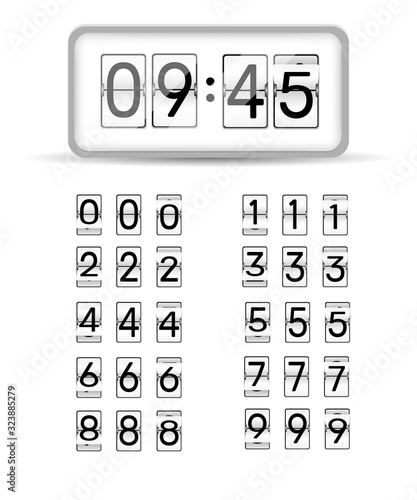 Retro style flip clock or scoreboard mechanical numbers 1 to 0 set white on black