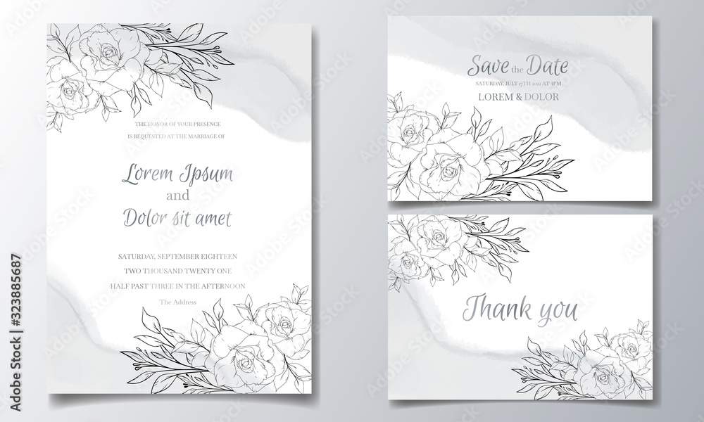 wedding invitation template design with luxury line art floral and leaves with watercolor background