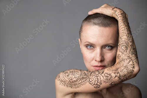 Fotografia, Obraz Beautiful Face of Young Woman bald. Beauty Portrait