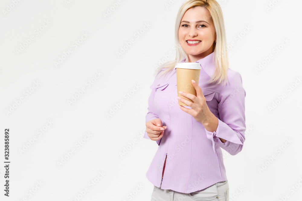 Young beautiful woman drinking paper glass of coffee over isolated white background