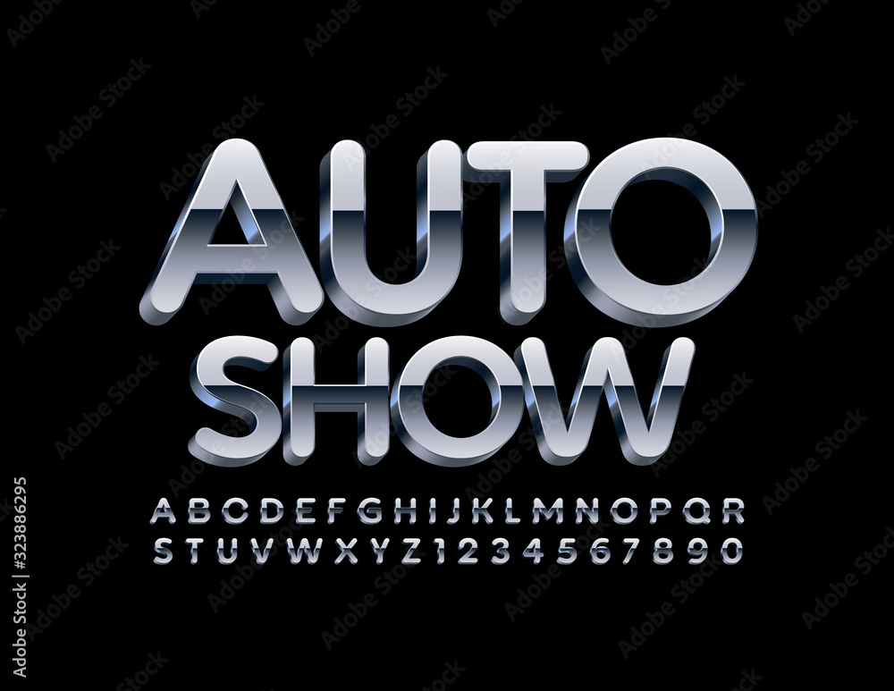 Vector stylish logo Auto Show. Metallic reflective Font. Chrome Alphabet Letters and Numbers.
