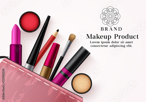 Makeup products vector template banner. Facial cosmetics collection in pink beauty kit for mock up advertising banner in elegant background design. Vector illustration