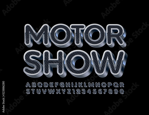 Vector chic logo Motor Show. Silver and Black 3D Font. Premium Alphabet Letters and Numbers.