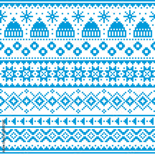 Winter, Christmas Fair Isle style traditional knitwear vector seamless pattern with winter hats and snowflakes