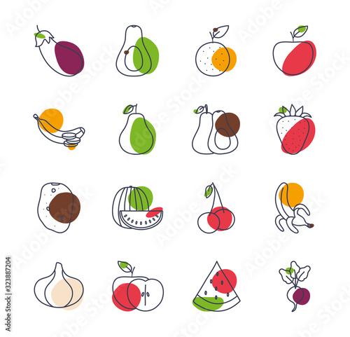 Fototapeta Naklejka Na Ścianę i Meble -  Fruits and vegetables line color style icon set vector design