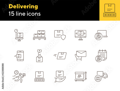 Delivering icons. Set of line icons. Fast package, mobile parcel, box weight. Logistics concept. Vector illustration can be used for topics like shipment, post service, freight