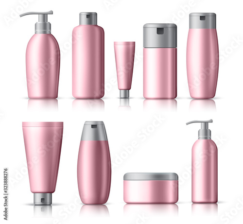 Cosmetics mock up bottles vector set. Set of empty realistic package for cosmetic product in pink elegant container isolated in white background. Vector illustration 