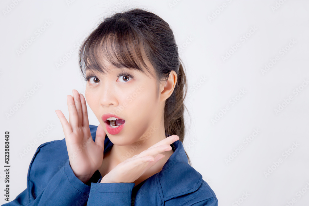 beautiful portrait young business asian woman standing with surprise and excited success isolated on white background, asia businesswoman career secretary or accountant work expression shock. beautiful portrait young business asian woman standing with surprise and excited success isolated on white background, asia businesswoman career secretary or accountant work expression shock.